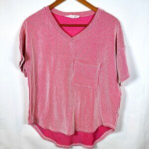 Altar'd State Boxy Pink and White Short Sleeve Ribbed Top w Front Pocket Small